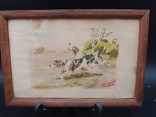 Ancien Tableau Peinture Aquarelle Chien de Chasse Signé P Giraud