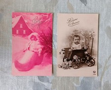 2 x Cartes Postales Anciennes Fantaisie Bébé en Sabot Bébé en Chariot