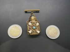 rare broche mini flacon parfum,Napoléon III,laiton, tuquoises,applicateur verre