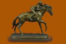 Merveilleux Pure Bronze Cheval Course avec Jockey Statue Sculpture Grand Décor