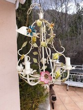 Lustre Cage En Tole Fleuri Polychrome