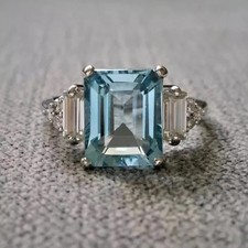 Bague de fiançailles diamant aigue-marine naturel taille émeraude 3,45 ct or ...