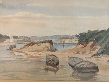 Belle Peinture 1924 Aquarelle Océan Bretagne Douarnenez Treboul Barque Ancien