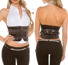 Sexy Miss Femmes Col Chemise Bustier Guêpière Top en Satin Strass S 34 M 36 L 38