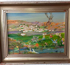 TABLEAU ART NAIF  SCENE CHAMPÊTRE huile sur toile encadrée.