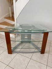 meuble TV hi-fi d’angle en verre, bois et métal avec plateau tournant 