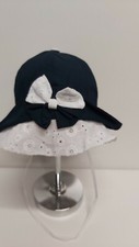 Chapeau Bébé Fille Cloche Pur Coton Bleu Blanc Dentelle Sangallo Made IN Italy