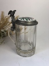 Ancienne Chope à bière en verre Allemande – Couvercle en étain & porcelaine