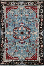 Tapis Indien Bleu 3x5 Traditionnel En Laine Noué À La Main Motif Géométrique