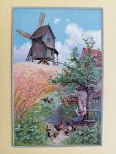 cpa ILLUSTRATION MOULIN MILL Champ de Blé Ferme BASSE COUR