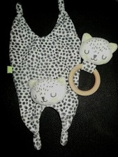 581/ doudou plat + hochet chat blanc noir jaune DPAM Du pareil au même