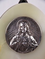 XIXe Bénitier Mural Métal Argenté & Marbre Signé OBC Sacré Cœur de Jésus Christ