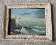 tableau ancien G. BAUDOIN ? Peinture Marine Bord De Mer Bateau Tempete Bretagne