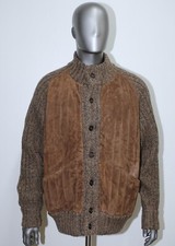 Vintage Brown Knit Wool/Mohair & Suede Cardigan Sweater SALVATORE FERRAGAMO Sz L