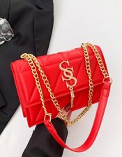 Sac A Bandoulière A Rabat Rouge Femme Simili Cuir Matelassé Carreaux Chaîne Doré