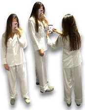 Satin Blanc Pyjama Ensemble Mariage Fête Long Manche Taille Élastique Femmes M