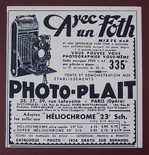 Publicité Appareil photo Foth,Heliochrome , Photo Plait 1934, advert