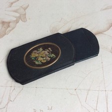 Ancien Etui à Cigares très fins ou Lunettes Cuir & Brodé de Pensées XIXème