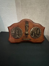 Ancien objet religieux icone Vierge Marie plaque métal sur bois