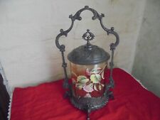 Grand seau à biscuits verre émaillé Legras monture métal argenté