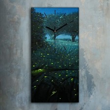 Horloge décorative sur toile 30x60 Peinture Forêt Arbres Nuit Lucioles Art Décor