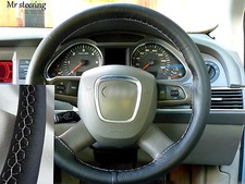 Couvre Volant En Cuir Italien Noir Réel Pour Audi A3 04-12 Avec Couture Blanche