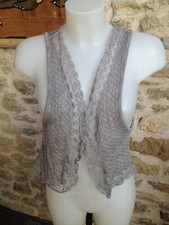  haut femme gilet debardeur voile beige brodé leger Taille 38
