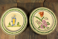 Ancien Paire Assiette Faience Sainte Fleurs Malicorne Signé Peint Main 19ème