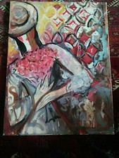 Hrasarkos grand tableau Femme au bouquet 60 sur 80cm