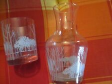 POUR CURE.OU NUIT .CARAFE EN VERRE & SON VERRE DECO FLORAL/FORET.ALPAC.16,5+9