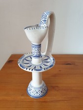 Bougeoir à anse en céramique décor bleu marque illisible 10x24 cm