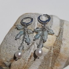 boucles d'oreilles dormeuses perle pierre précieuse aigue marine plaqué or blanc