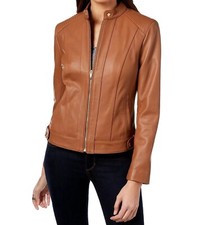 Blouson moto motard bombardier en cuir d'agneau véritable pour femme marron f...