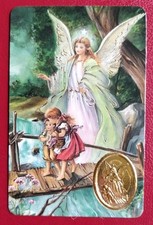 CARTE PLASTIFIÉE AVEC MÉDAILLE 🏅 DORÉE ET PRIÈRE À L'ANGE GARDIEN 8,50 X 5,50CM