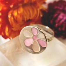 Bague Vintage Argent 925 Plateau À Décor De Fleur En Nacre Tons Pastel Rose T 57