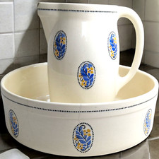 Broc et cuvette de toilette ancien FLORA Faience Art Déco Fleurs décor 660 Signé