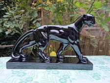 Ancienne Panthère En Faïence Noire St Clément Art Déco