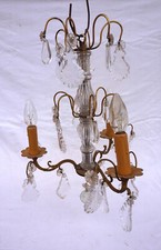 French Louis XVI style Brass Bohemian Crystal 3 Lights Chandelier Ceiling 1940