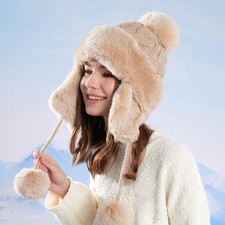 Femme Doublé Polaire Tricot Chapeau Fausse Fourrure Pom Hiver Russe Ear Rabat