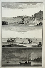 Eau peu Profonde PECHE Poissons GRAVURE Marine Filets PECHEURS Bateau XVIII°