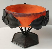 COUPE PATE DE VERRE ORANGE ET BLEU  EPOQUE 1900 MONTAGE FEUILLAGE  EN FER FORGER