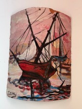 Tuile Peinte voilier au mouillage  Impressionisme Contemporain, signé Cormy