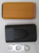 - étui à cigares + coupe cigares cuir et bois vintage