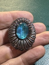 Pince À Foulard Doublée D’une Broche Art Deco Métal Argenté Pierre Bleue 