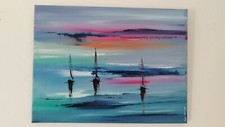 Tableau  abstrait unique toile œuvre d'art originale bateaux voiliers 