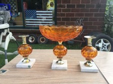 VTG MID CENTURY MODERN MURANO ? ART Amber GLASS BOWL CANDLESTICKS Italy 1950 60s