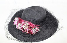 Chapeau de femme paille noire voilette et bouquet de fleurs Taille 55 cm