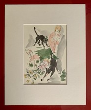 Tableau ancien estampe gravure illustration couleur scène femme aux chats fauve