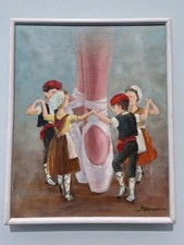 peinture ancienne huile sur toile Scene Danse Tableau encadré signé Joan bonachi