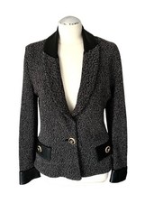 ST JOHN LUXURY JACKET WHITE/BLACK REAL LEATHER BUTTONS TWEED KNIT WOOL BLEND 4